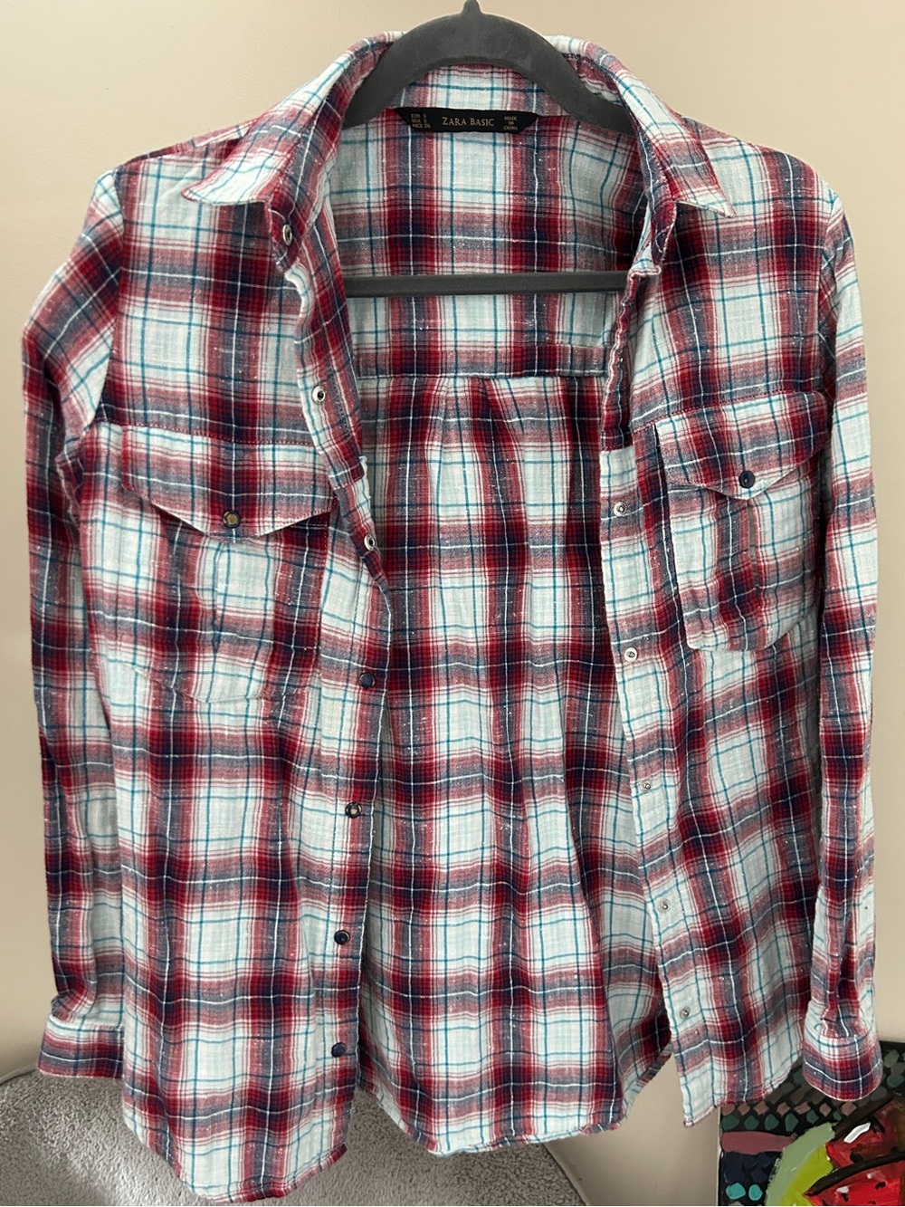 Zara Red and Blue Plaid Flannel Button-Up Shirt Women’s Small
